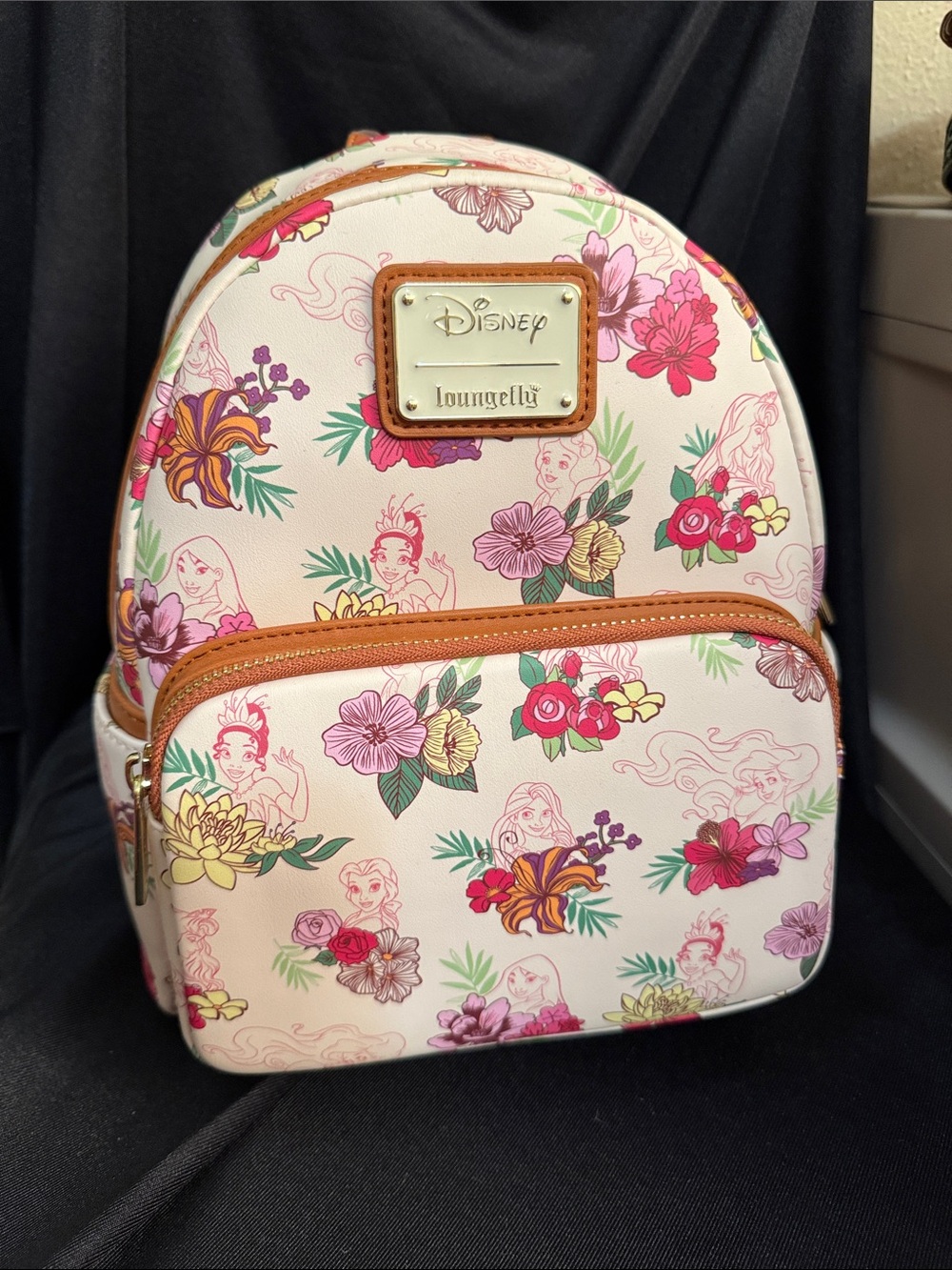 NWT Disney Loungefly Floral Princess Mini Backpack - Cream with Tan, Multicolor